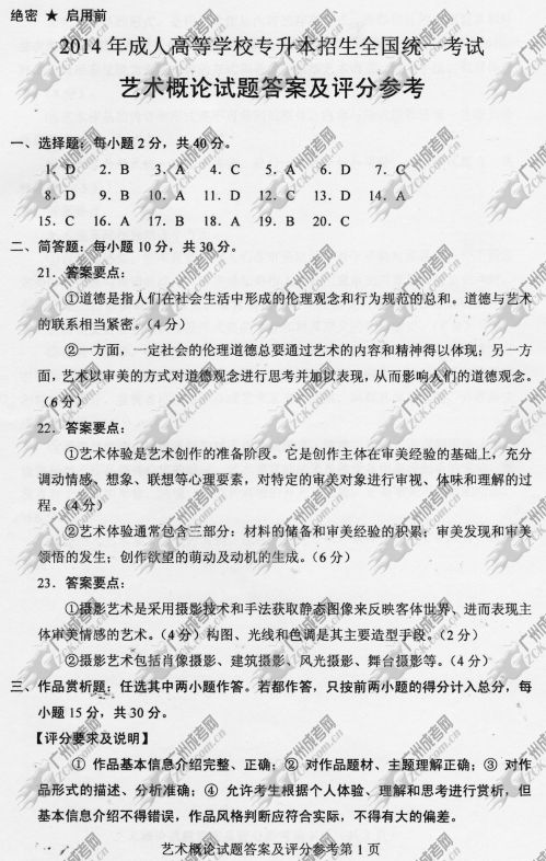 云南省成人高考2014年统一考试专升本艺术概论真题B卷参考答案