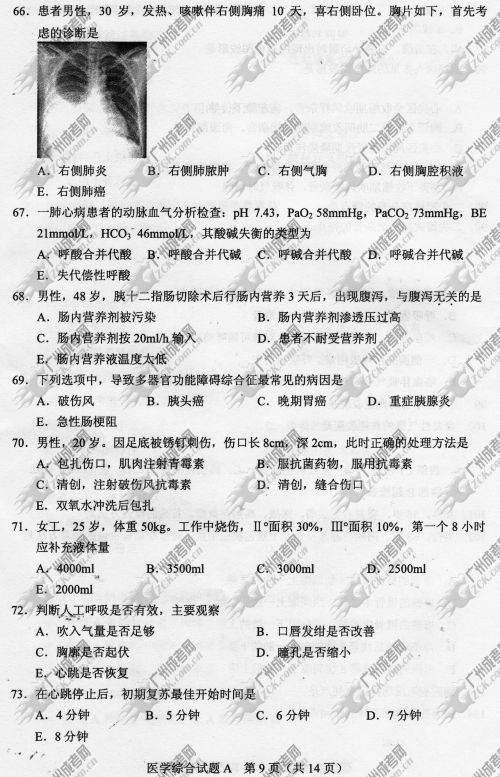 云南省成人高考2014年统一考试专升本医学综合真题A卷