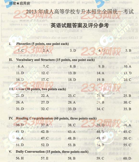 2013年成人高考专升本英语真题及答案（标准版）